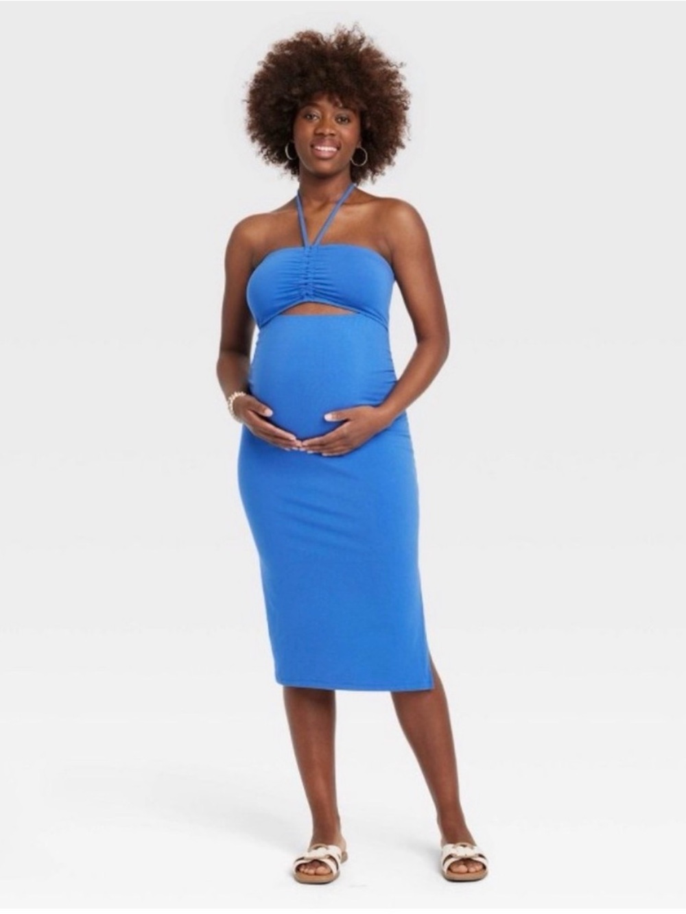Maternity by Ingrid & Isabel Royal Blue Halter Cutout Midi Dress MED NWT